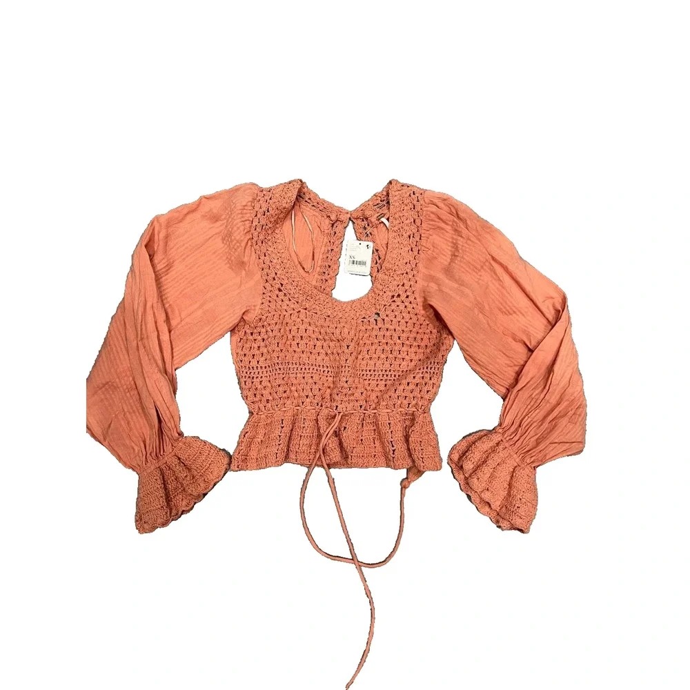 Free People Megan Y2K preppy halter babydoll Crochet Top Coral Sand XS A004059